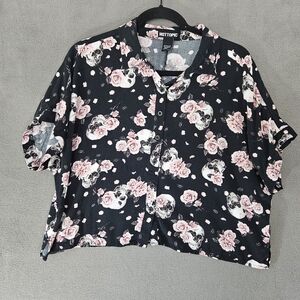 Hot Topic Y2K Women Medium Crop Button Up Shirt Black Skull Pink Roses Mall Goth